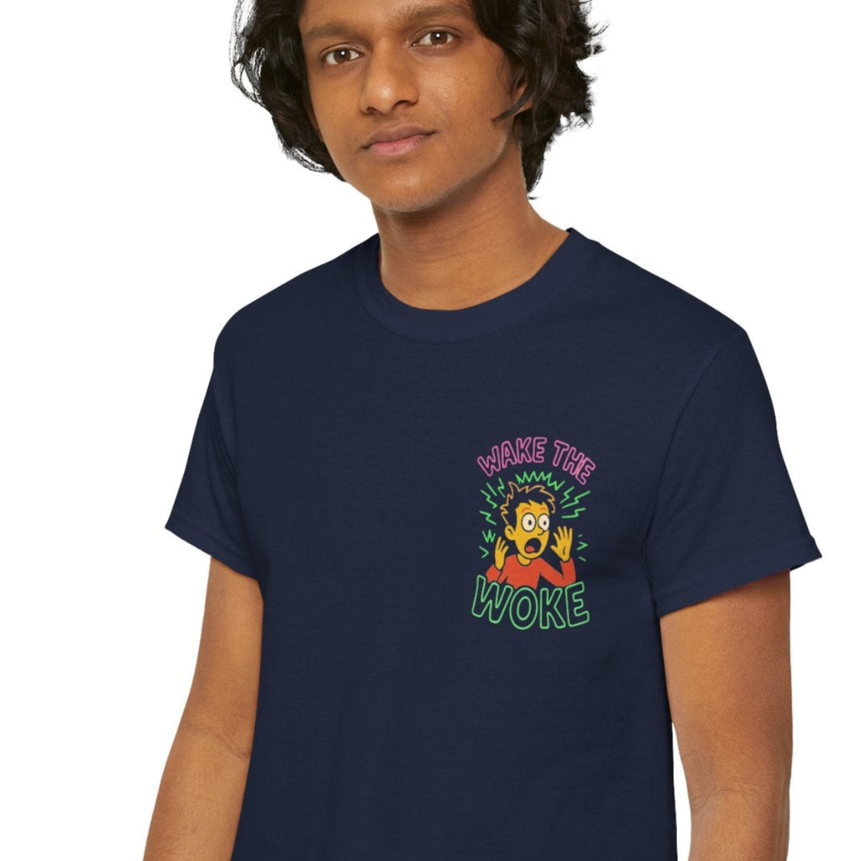 Person wearing a black t-shirt with a white logo on a white background