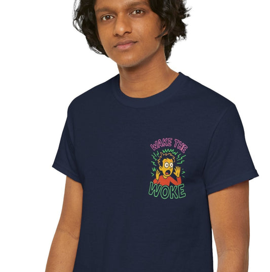 Person wearing a black t-shirt with a white logo on a white background