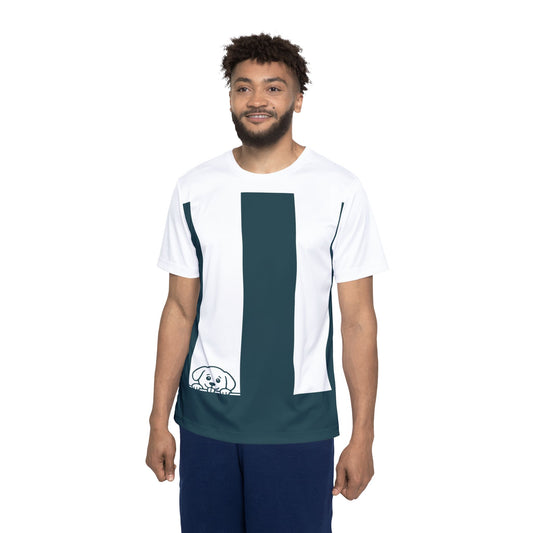 Men's Sports Jersey — Minimal Vertical Stripe Puppy Graphic