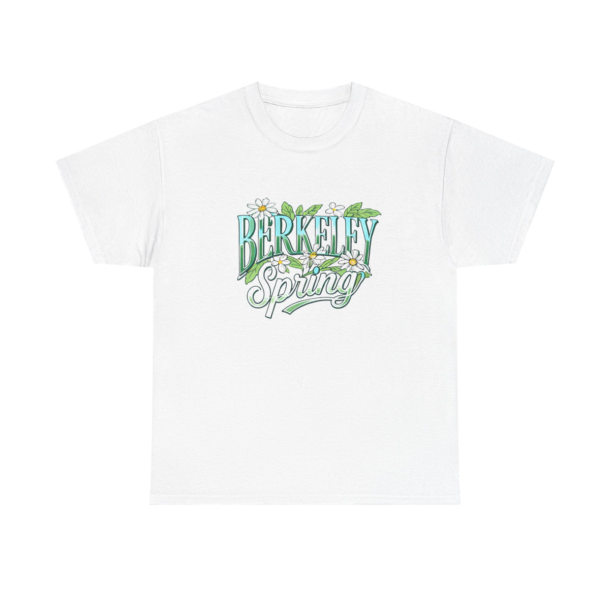 A white short-sleeve crewneck t-shirt featuring a 'Berkeley Spring' graphic on the chest with green leaves, white daisies, and light blue lettering, displayed on a solid white background.