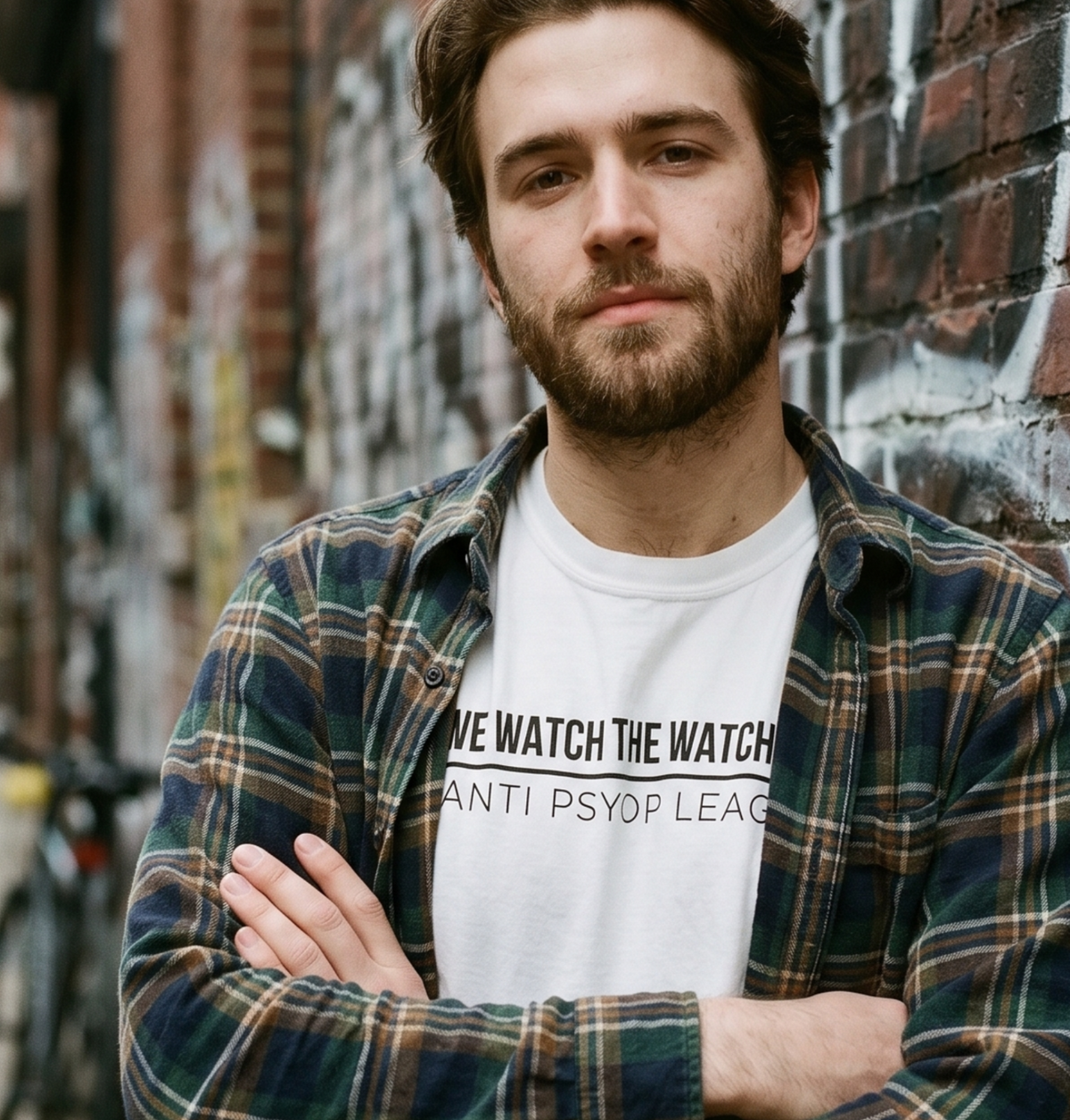 A man with a beard stands with arms crossed against a brick wall in an urban alley, wearing a white graphic T-shirt under an open green and brown plaid flannel shirt.