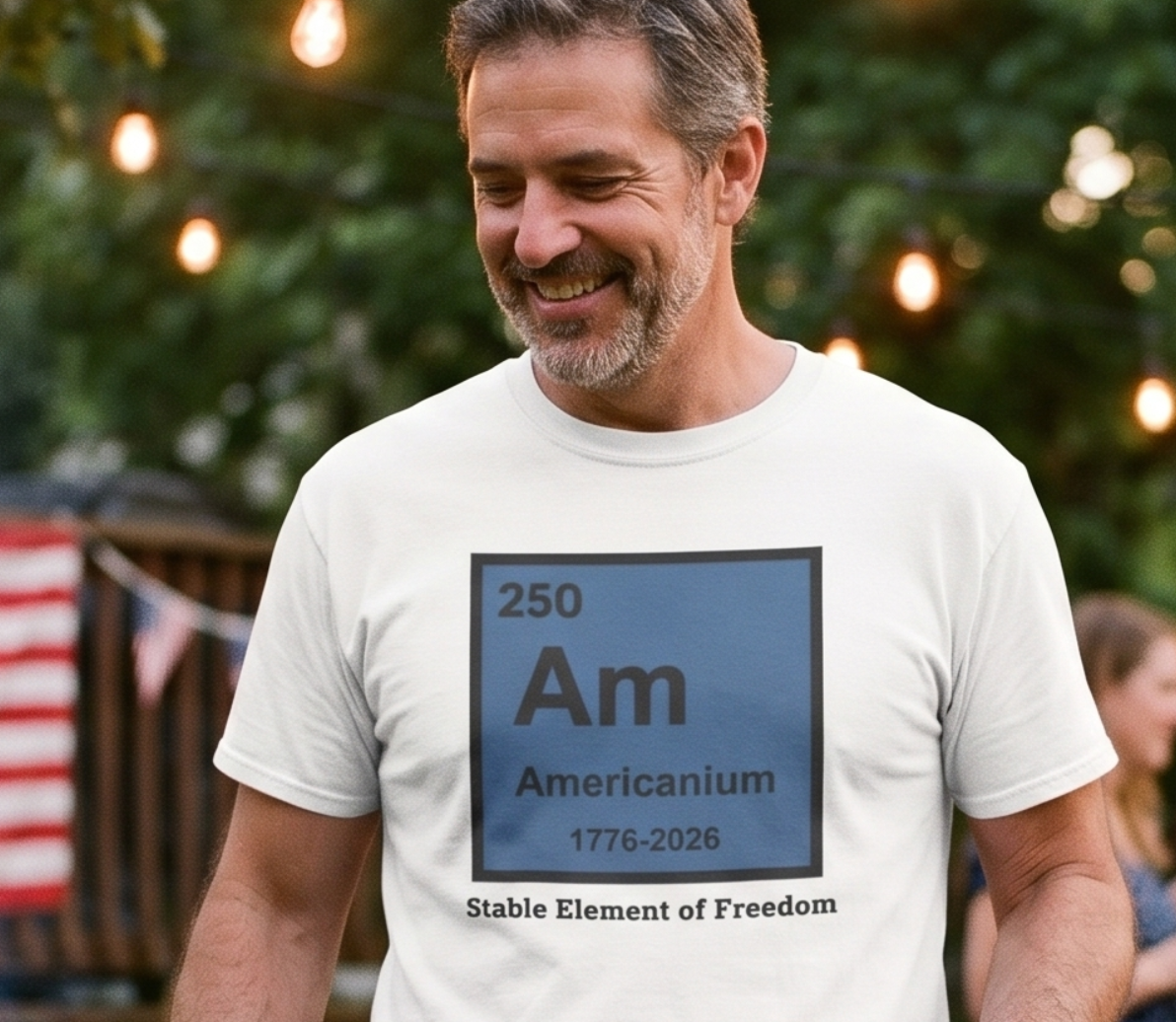 A man grilling outdoors at a backyard party, wearing a white graphic t-shirt with a periodic table design that reads '250 Am Americanium circa 1791' and khaki shorts.