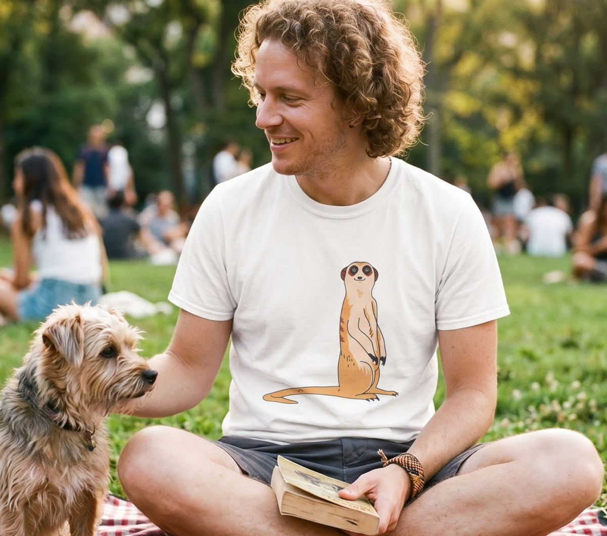 A man sitting cross-legged on a red-and-white plaid blanket in a park, smiling at a small dog while wearing a white graphic T-shirt with a cartoon standing figure printed on the front.