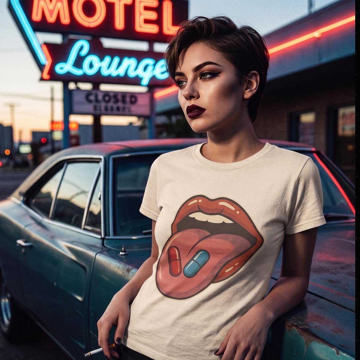 A woman with short dark hair leans against a teal vintage car in front of a neon-lit motel sign. She is wearing a cream graphic T-shirt with a large red lips-and-tongue print and two blue capsules in the center.