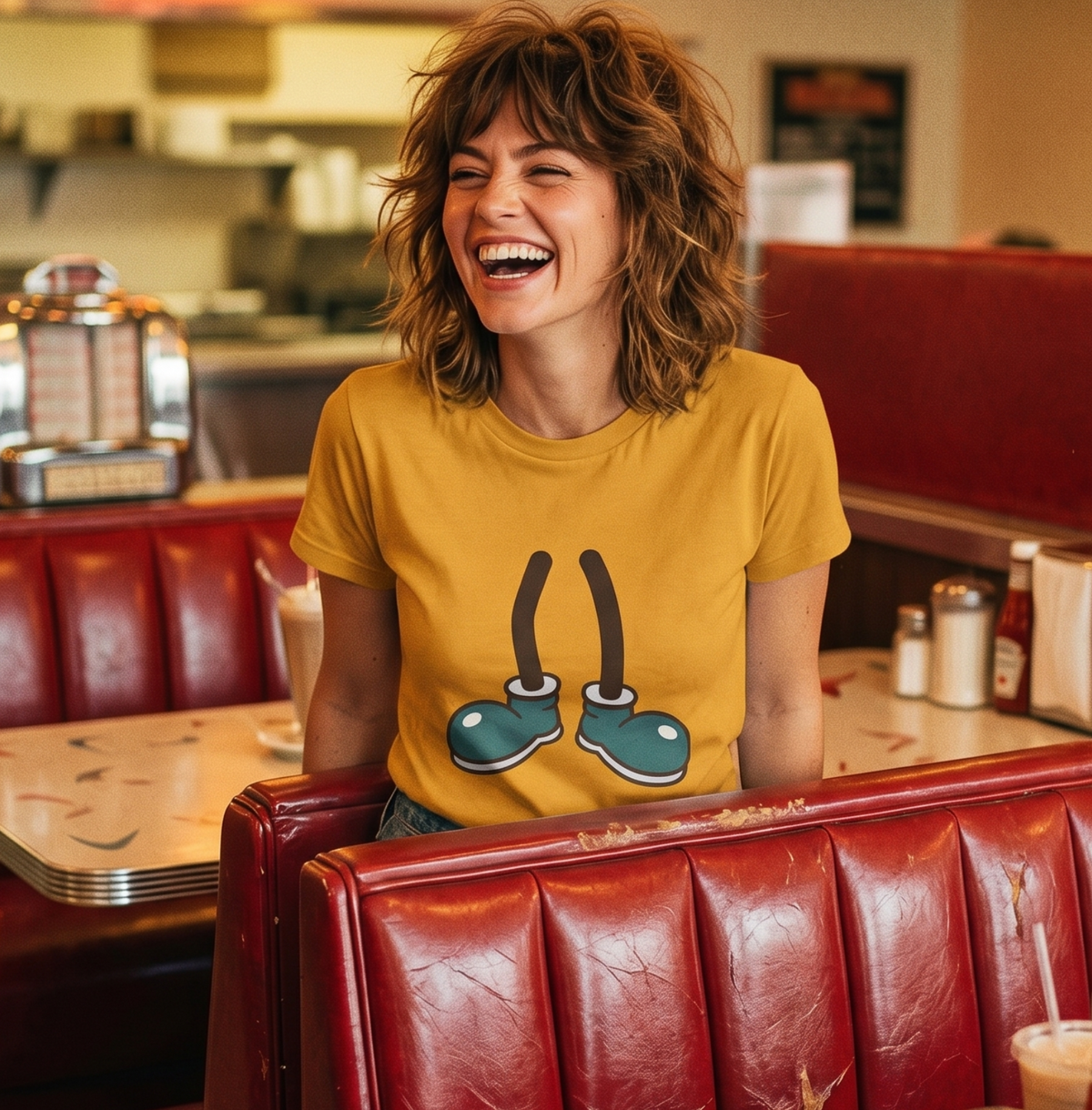 A woman laughing in a retro diner booth, wearing a mustard yellow t-shirt with a graphic of cartoon legs in green shoes. The scene features red leather booths, a jukebox, and classic diner details.
