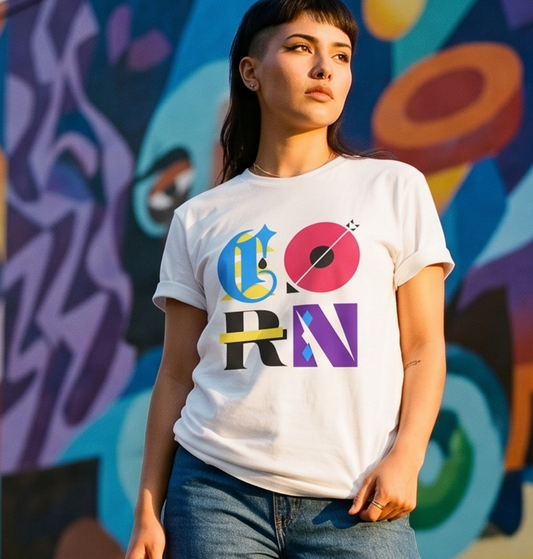 A woman stands outdoors in front of a colorful graffiti wall, wearing a white graphic T-shirt with a bold multicolor 'GORN' print and wide-leg blue jeans.